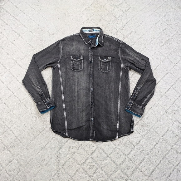 Roar Shirt Men's 2XL Black Vintage Wash Button Up Insightful Embroidery Moto  - Picture 1 of 9